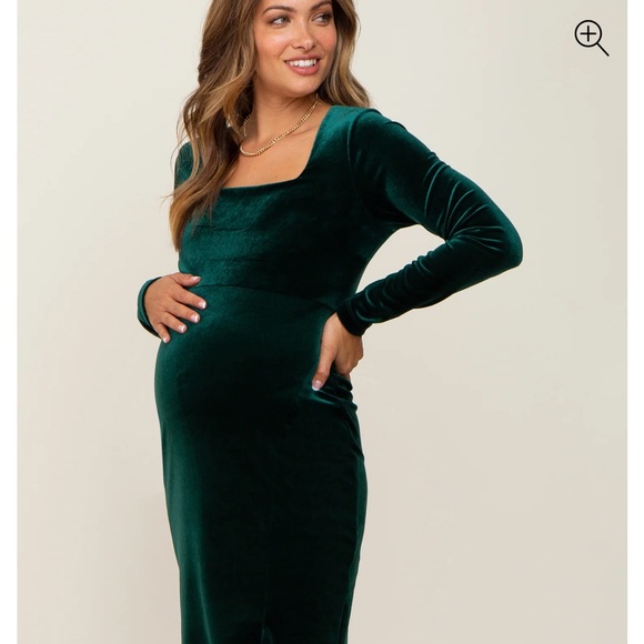 Pink Blush Forest Green Velvet Long Sleeve Side Slit Maternity Dress - Picture 2 of 10